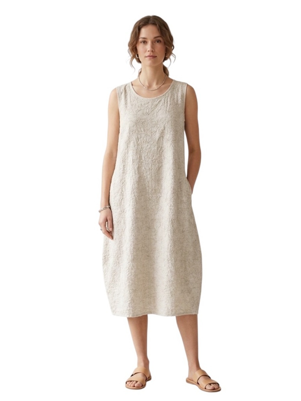Oska Stitch Embroidered 100% Linen Sleeveless Midi Dress Size 1 (6-8) Neutral